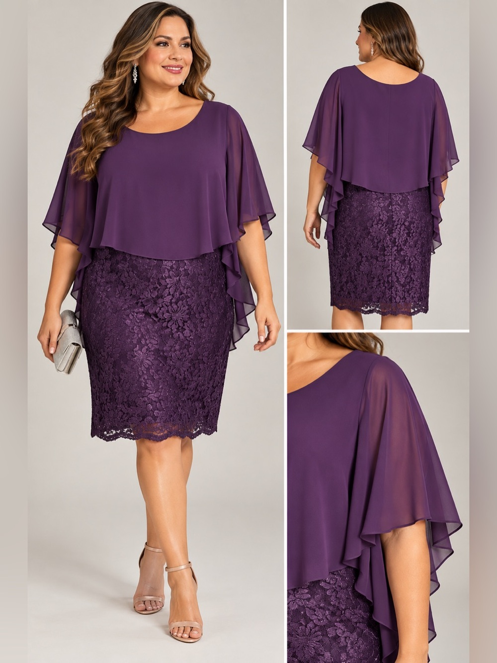 En Focus Women 16W Purple Lace Overlay Cocktail Party Sheath Dress Plus Size.